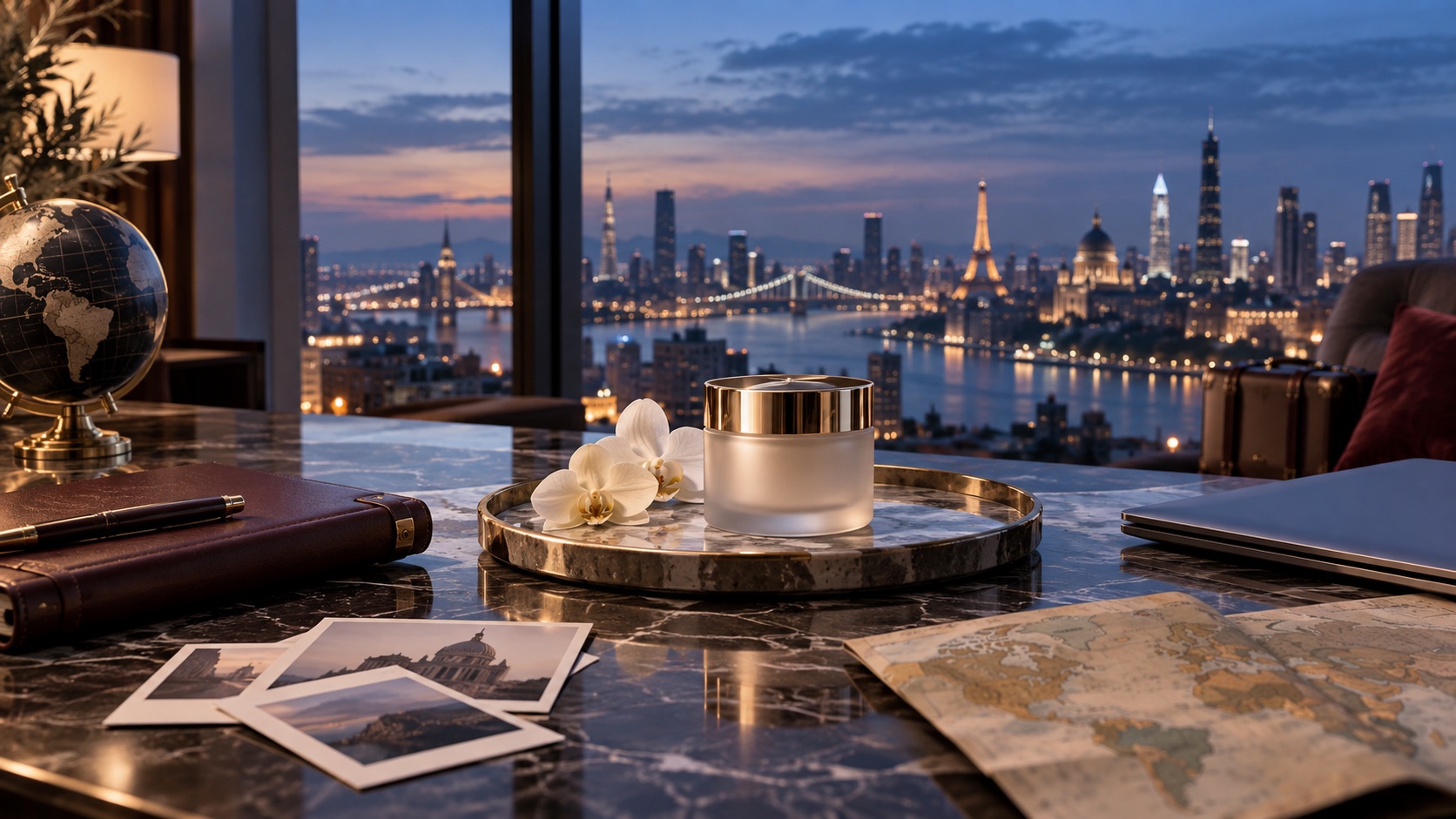 Beauty product and global city view at blue hour